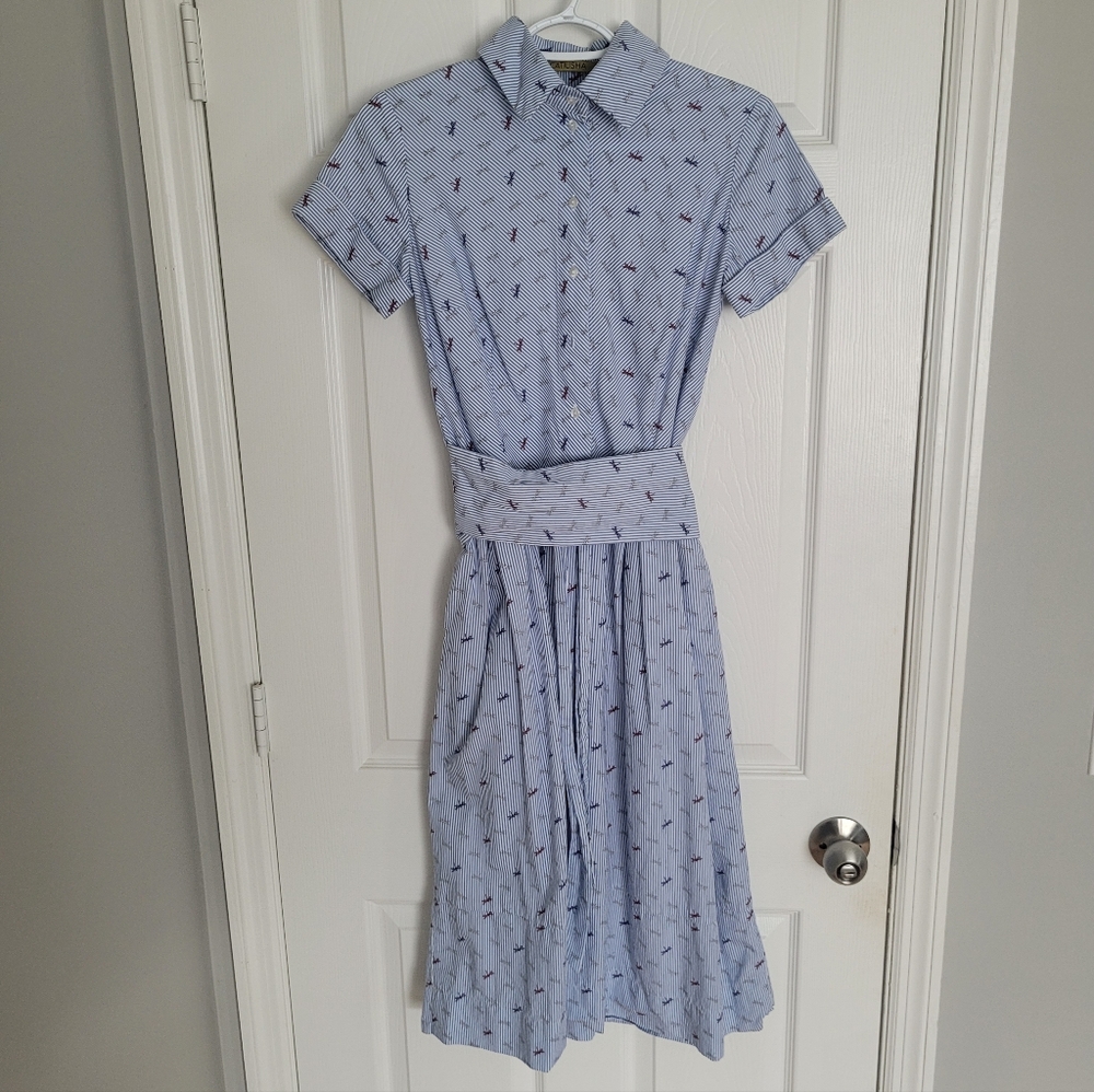 Vintage Catiusha Women's Blue Midi Striped Short Sleeve Dress Size S